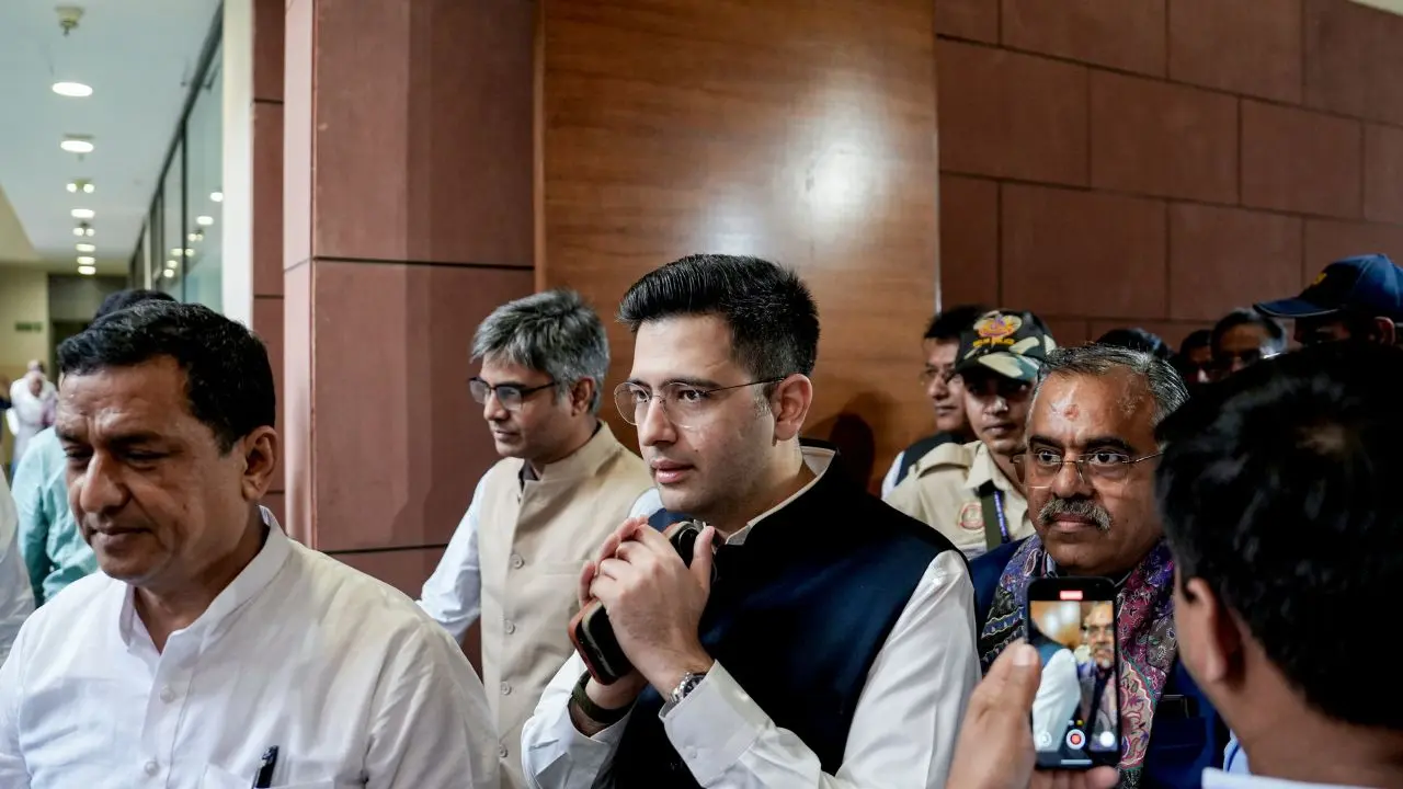 Chadha and fellow MPs, including Sandeep Pathak, arrive at the BJP headquarters in New Delhi, marking the beginning of their transition to a new political alignment
