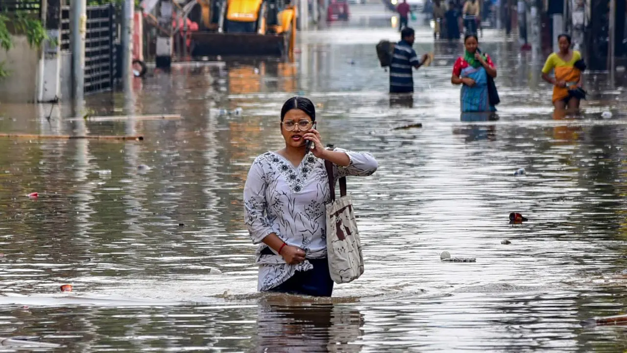 A woman wades through a waterlogged road triggered by heavy rainfall. Pic/PTI