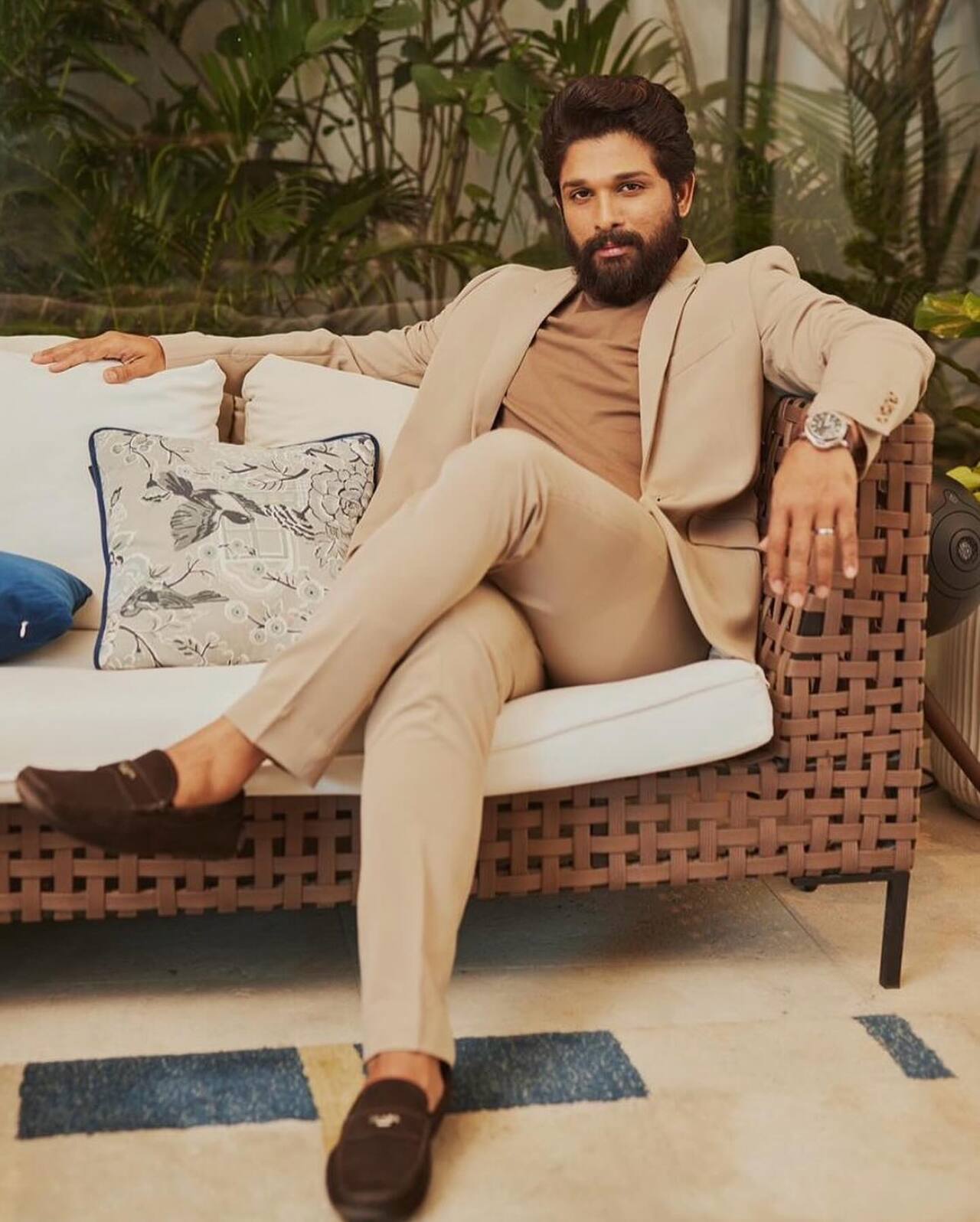 Allu Arjun nails effortless sophistication in this beige suit paired with a matching tee. The monochrome tones keep it clean and classy.