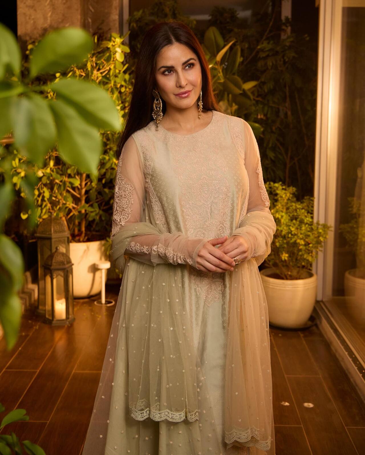 Katrina Kaif&rsquo;s pastel sage green ensemble is a graceful and understated choice for a Baisakhi evening celebration or a family gathering.