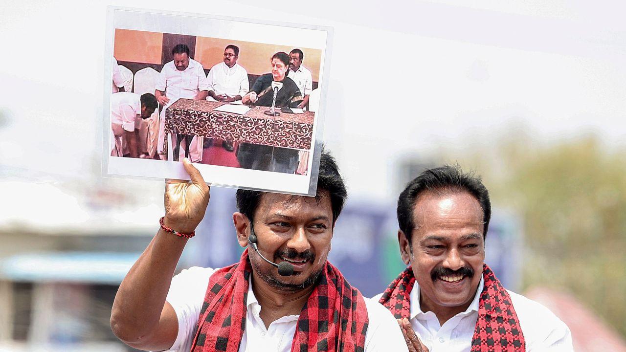 Udhayanidhi attacked the opposition, specifically targeting incumbent MLA and AIADMK candidate C Vijayabaskar by calling him a "drama company actor", who is part of a "slave group" being threatened by the CBI and ED