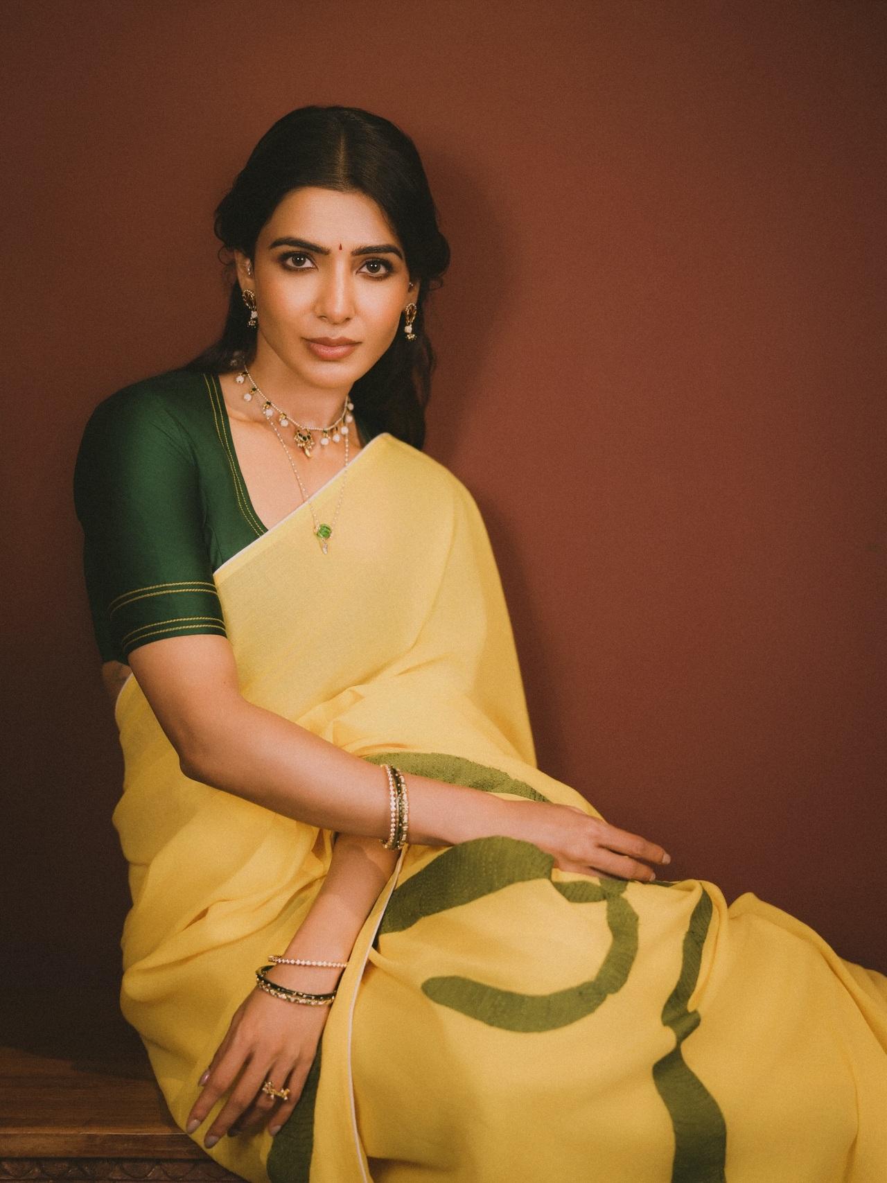 Samantha Ruth Prabhu&rsquo;s yellow and green saree is a wonderful choice for Vishu, as these colors beautifully represent the traditional "Kani" arrangement and the spirit of the festival.