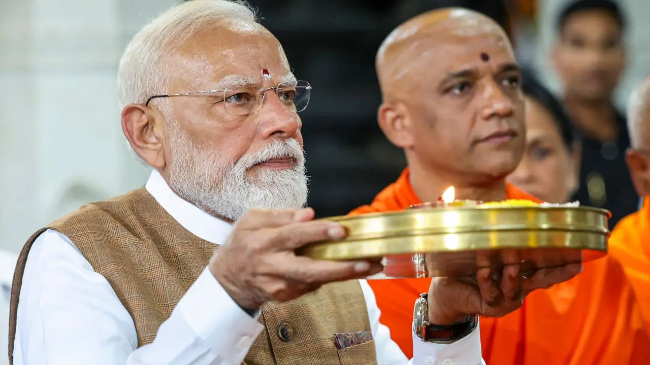 Prime Minister Narendra Modi during the inauguration of the Guru Bhairavaikya Mandira of Adichunchanagiri Math. Pic/PTI