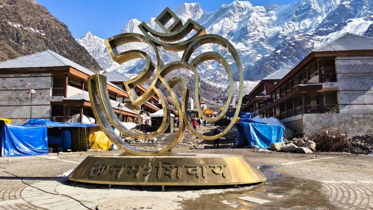 A large &lsquo;Om&rsquo; installation is set up near the temple, adding to the spiritual ambience ahead of the grand reopening ceremony