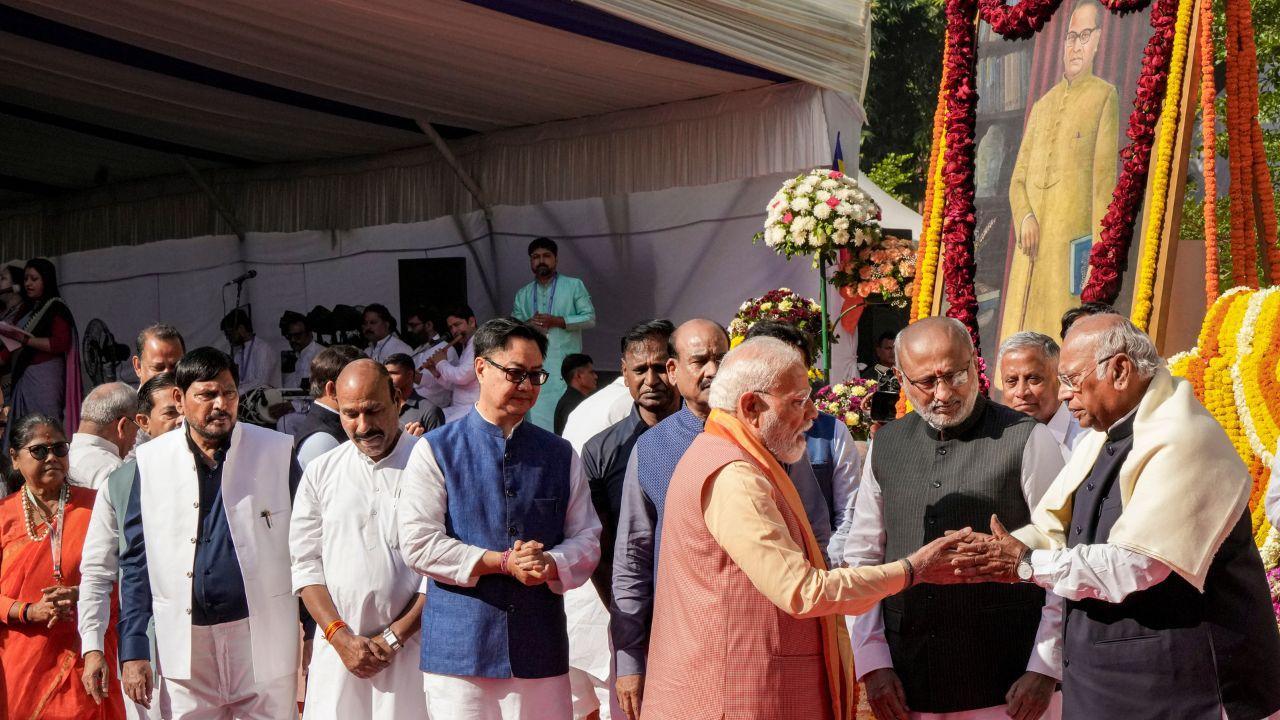 Vice President Radhakrishnan, who is also the Rajya Sabha Chair, PM Modi, Speaker Birla, Congress president Mallikarjun Kharge offered flowers at the portrait and statue of Ambedkar