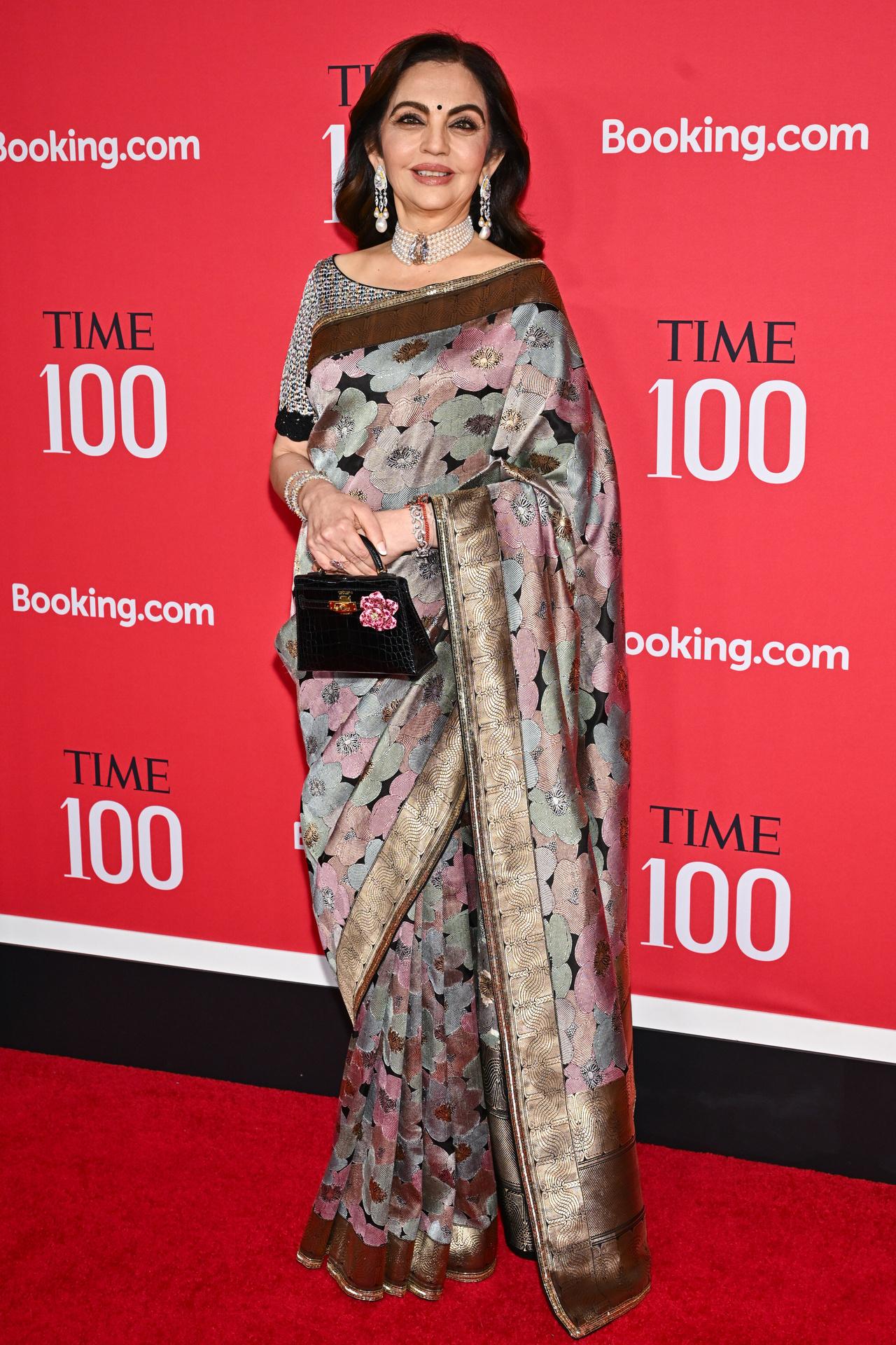 Nita Ambani sat down with Jessica Sibley, CEO of TIME magazine, during the TIME 100 Summit in New York. For the occasion, she wore a cream shade jamdani masterpiece with colourful floral motifs.