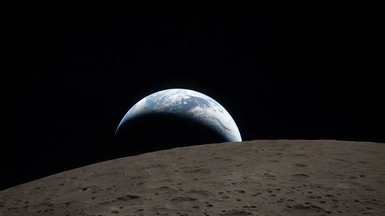 Earthset captured through the Orion spacecraft window at 6.41 pm EDT on Monday during the Artemis II crew&rsquo;s flyby of the Moon. A muted blue Earth with bright white clouds sets behind the cratered lunar surface. The dark portion of Earth is in nighttime, while swirling cloud systems are visible over the Australia and Oceania region on the sunlit side