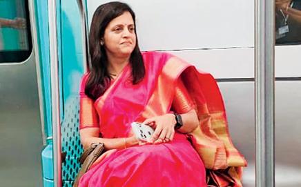 MMRCL Managing Director Ashwini Bhide, who took charge as civic chief on Tuesday, enjoys a ride on the Mumbai Metro Aqua Line 3 on November 26, 2025. PIC/X/@AshwiniBhide