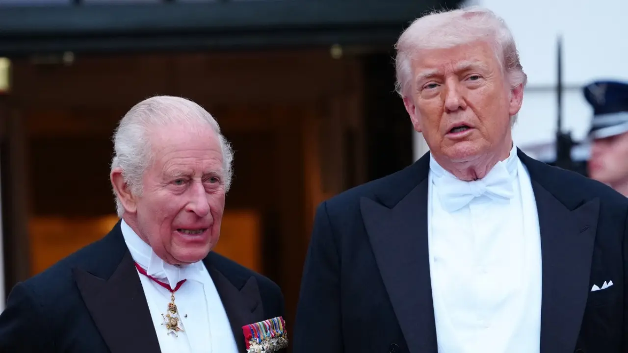 Charles presented the president with the bell from the British submarine HMS Trump, which was launched in 1944 during World War II. "May it stand as a testimony to our nations' shared history and shining future. And should&nbsp;you ever need to get hold of us, well, just give us a ring," the king said to applause.