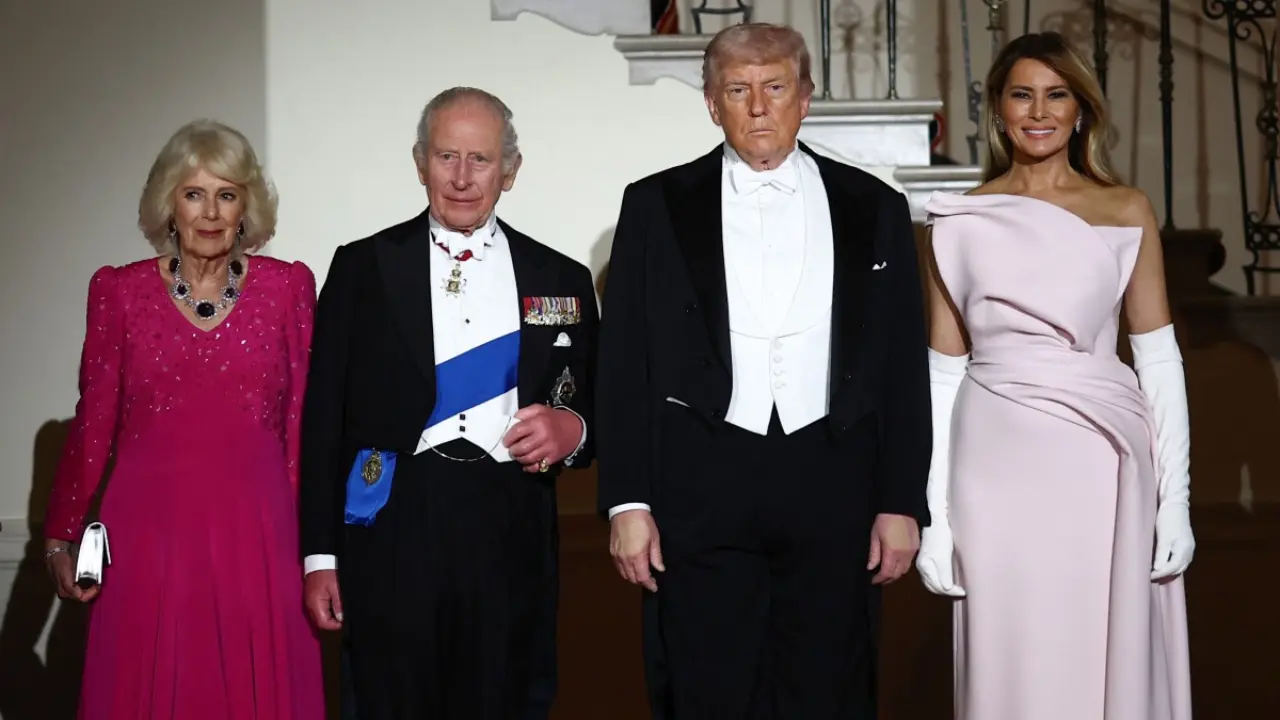 Queen Camilla, Prince Chales, Donald Trump, and Melania Trump pose for a photo ahead of the state dinner in the White House
