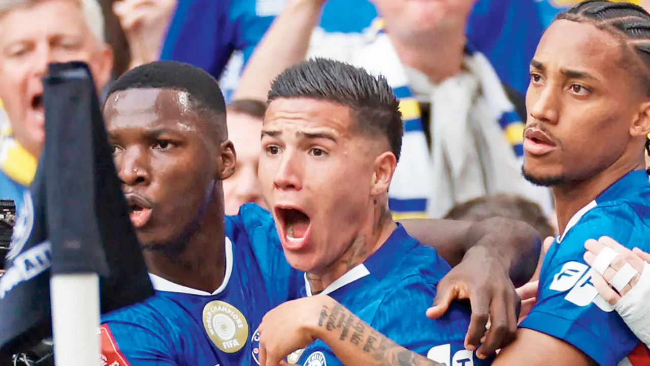 Chelsea’s Enzo Fernandez (centre) celebrates scoring vs Leeds Utd on Sunday. Pic/AFP