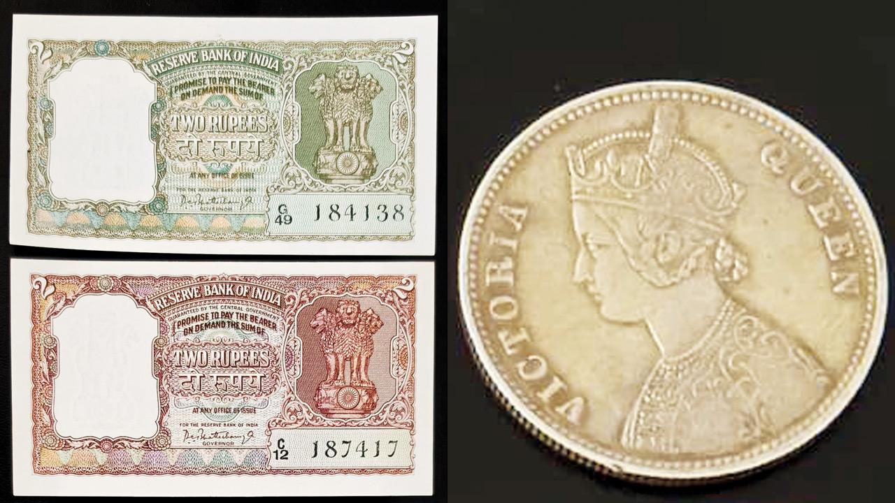 Early notes after the Independence (right) a 1874 silver coin by the British East India Company. Pics courtesy/Ved Singh