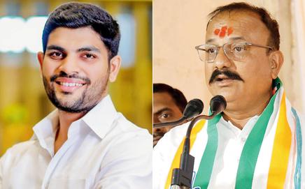 For Rahuri bypoll, BJP has fielded Akshay Kardile, son of late MLA Shivajirao. Pic/X/@kardileakshay; (right) Maharashtra Congress chief Harshwardhan Vasantrao Sapkal. Pic/X/@INCHarshsapkal