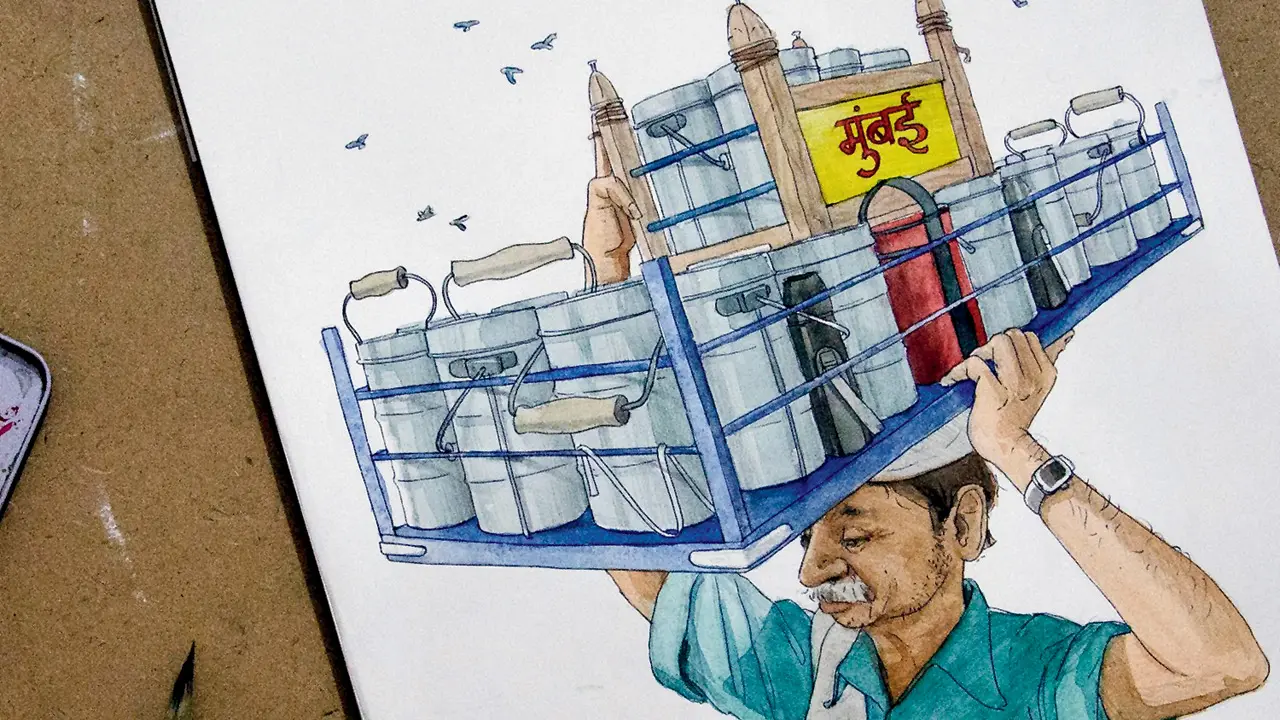 Dabbawala lunchbox delivery in Mumbai, watercolour and pen on paper 16x11 inch. Pics courtesy/Mithil Thaker