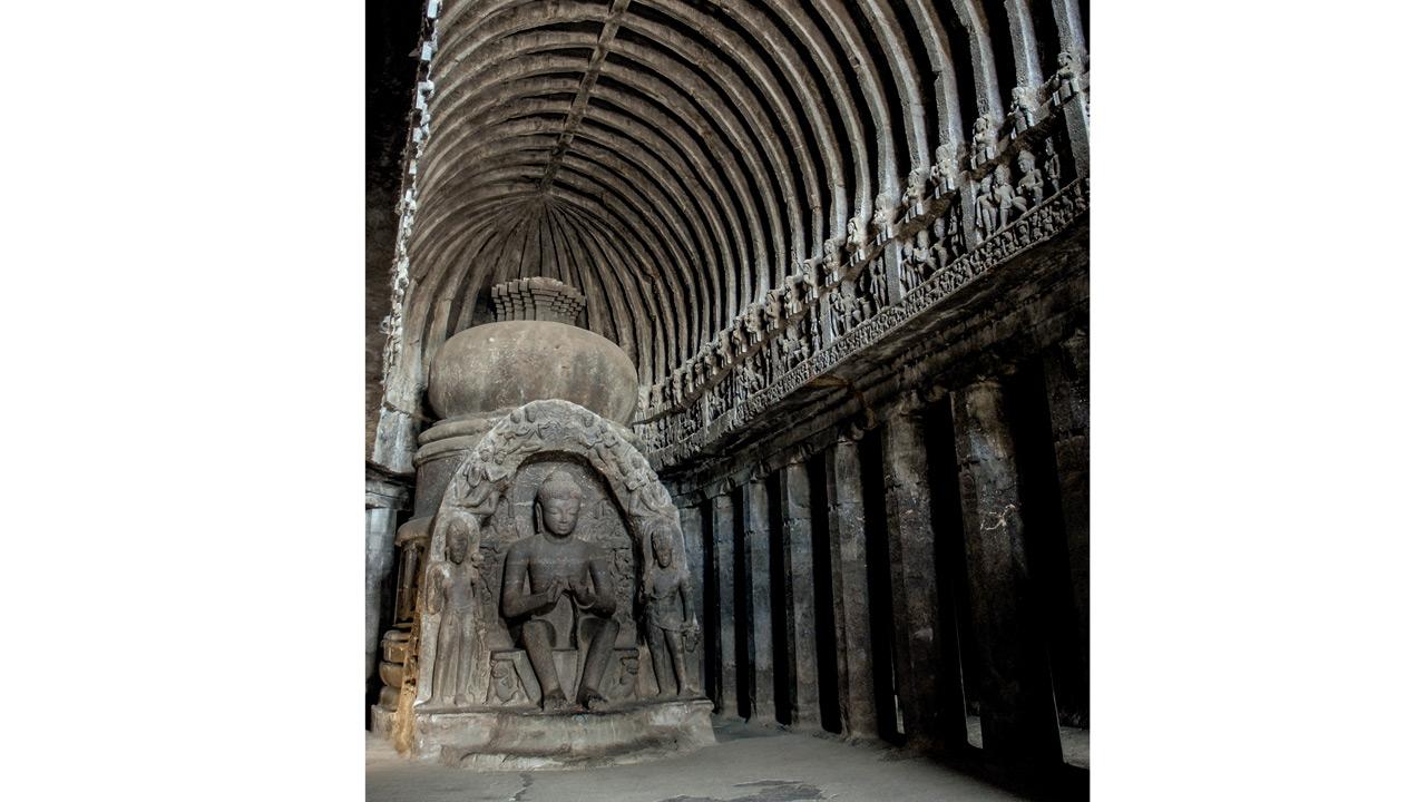 Seated Buddhas; Tin Thal, Cave 12, third floor; interior stupa with Buddha triad; Vishvakarma, Cave 10
