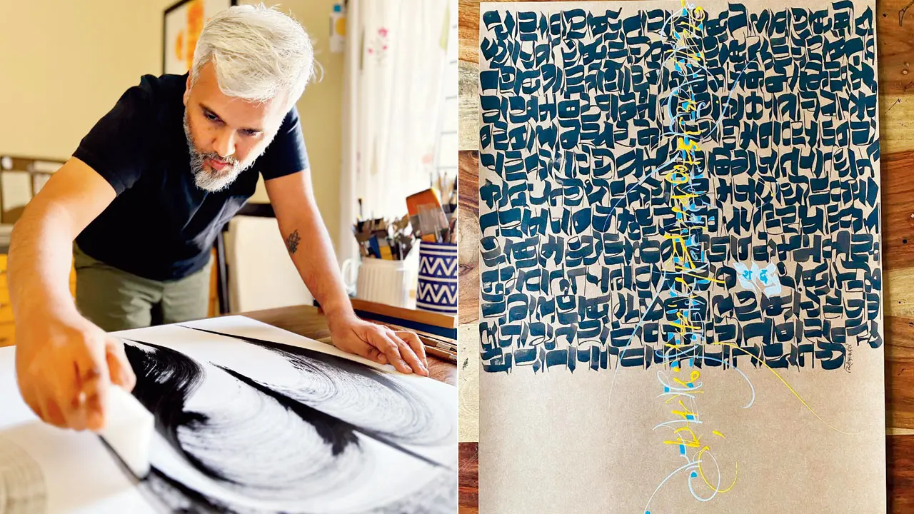 Nikheel Aphale in action; (right) Nikheel’s art, which was displayed at the Akshar Mahotsav exhibition at IGNCA, New Delhi