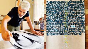 Nikheel Aphale in action; (right) Nikheel’s art, which was displayed at the Akshar Mahotsav exhibition at IGNCA, New Delhi