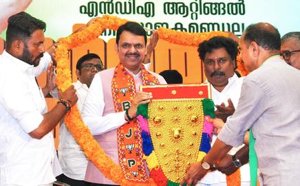 CM Devendra Fadnavis campaigns for BJP’s P Sudheer in Attingal, Keralam. PIC/X