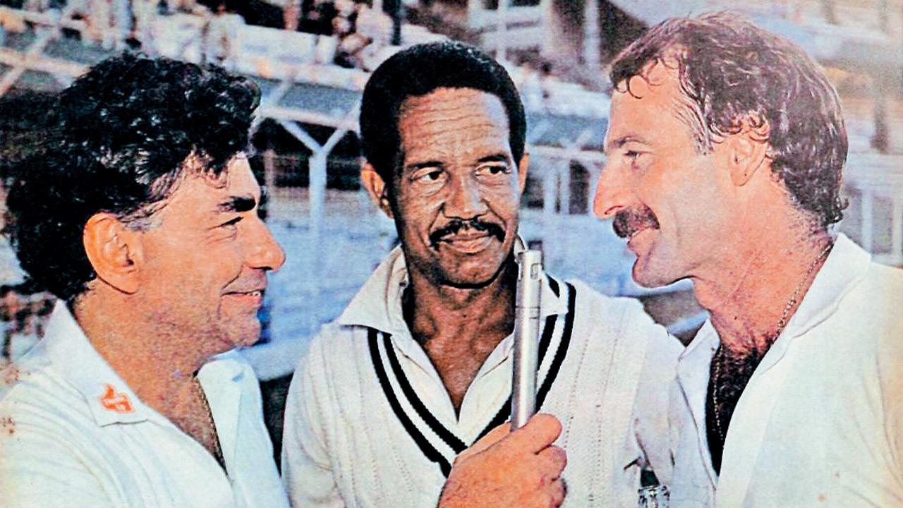 Farokh Engineer interviews Sir Garfield Sobers (centre) and Dennis Lillee at the Wankhede Stadium in 1984. Cricket fans still seek their autographs