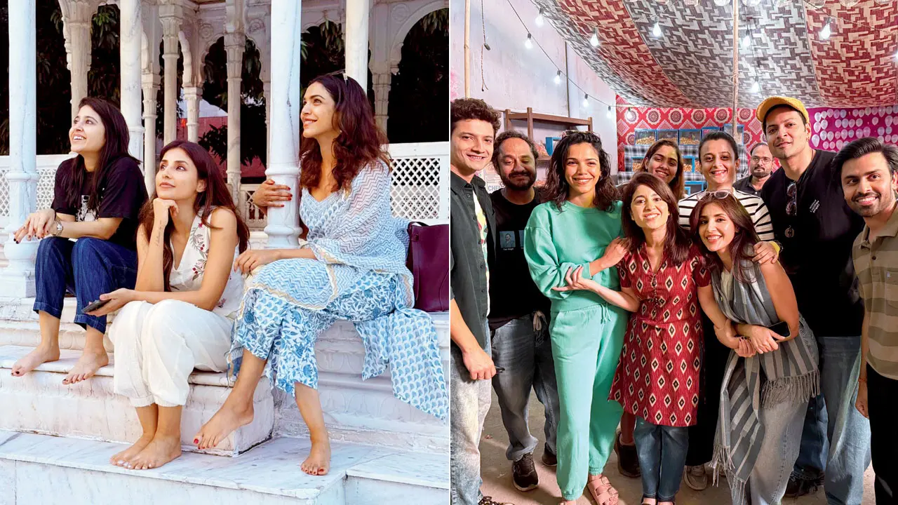 Shweta Tripathi Sharma, Harshita Gaur, and Shriya Pilgaonkar on the set; (right) The team of ‘Mirzapur: The Movie’