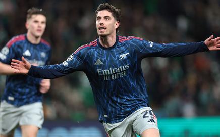 Arsenal's German midfielder Kai Havertz celebrates after scoring during the UEFA Champions League quarter final first leg football match between Sporting CP and Arsenal at Jose Alvalade stadium in Lisbon. Pic/AFP