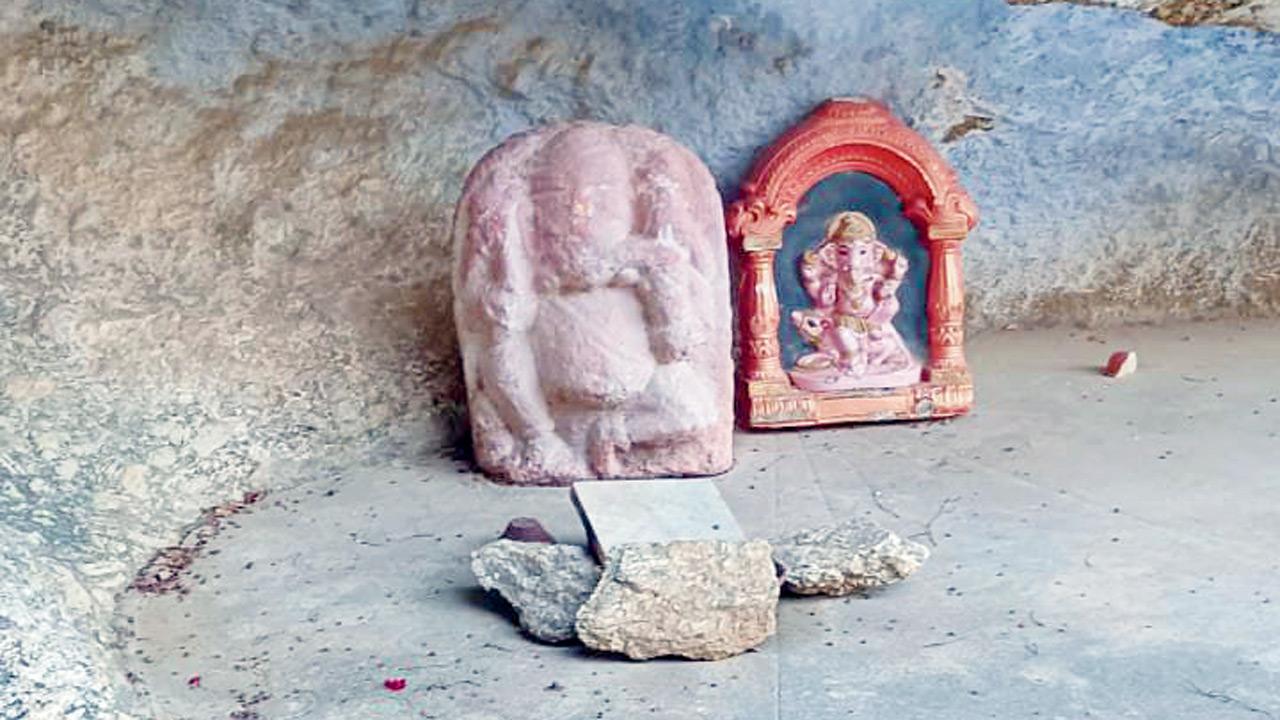 Artefacts and sculptures left behind by villagers during theri trips to the temple. Pics/Shriram Iyengar