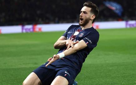 Paris Saint-Germain's Georgian forward Khvicha Kvaratskhelia celebrates scoring his team's second goal during the UEFA Champions League quarter-final first leg football match between Paris Saint-Germain (PSG) and Liverpool FC at the Parc des Princes stadium in Paris. Pic/AFP