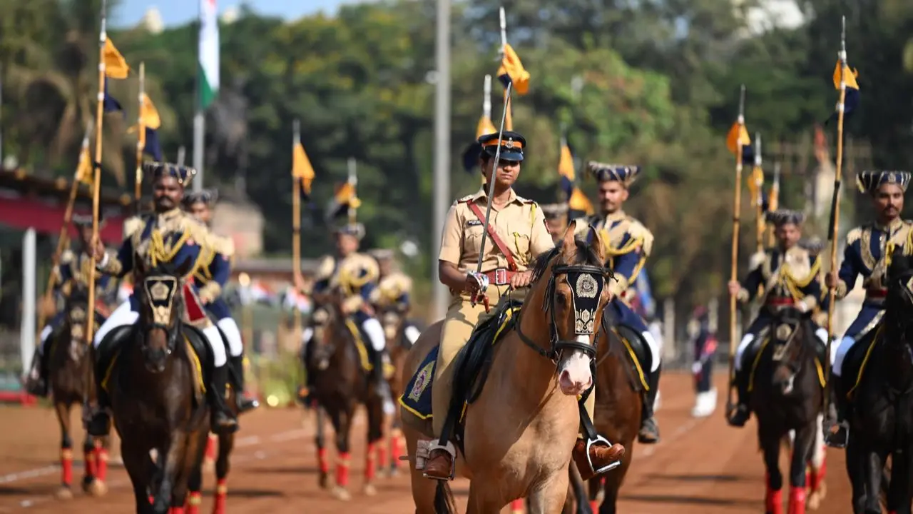 Mounted contingent of Mumbai Police practices formation riding ahead of statehood day celebrations