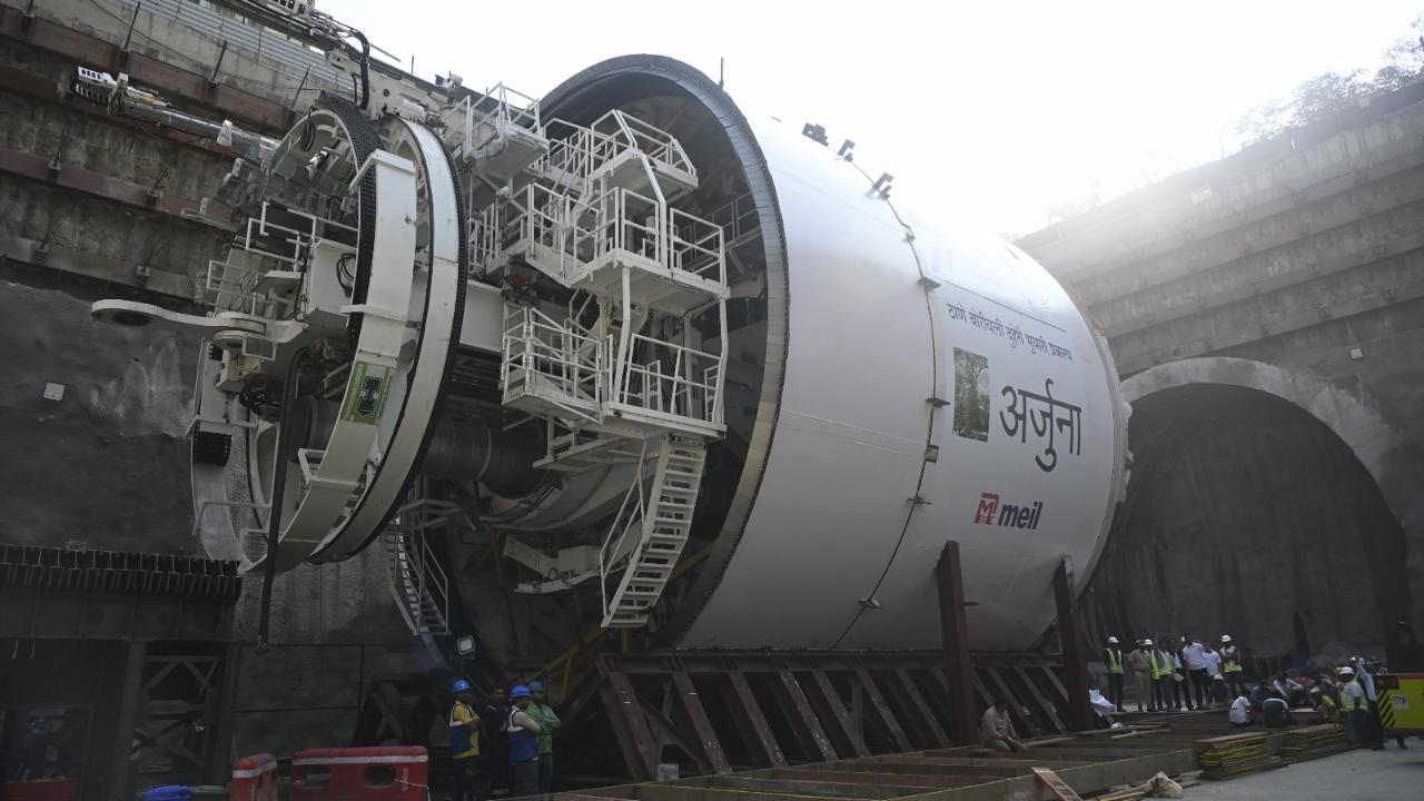The giant 13.34-metre TBM 'Arjuna' stands ready at Thane Manpada, set to be launched on Monday for the 11.84-km Thane-Borivali twin tunnel project that will slash travel time between Thane and Borivali to just 15 minutes