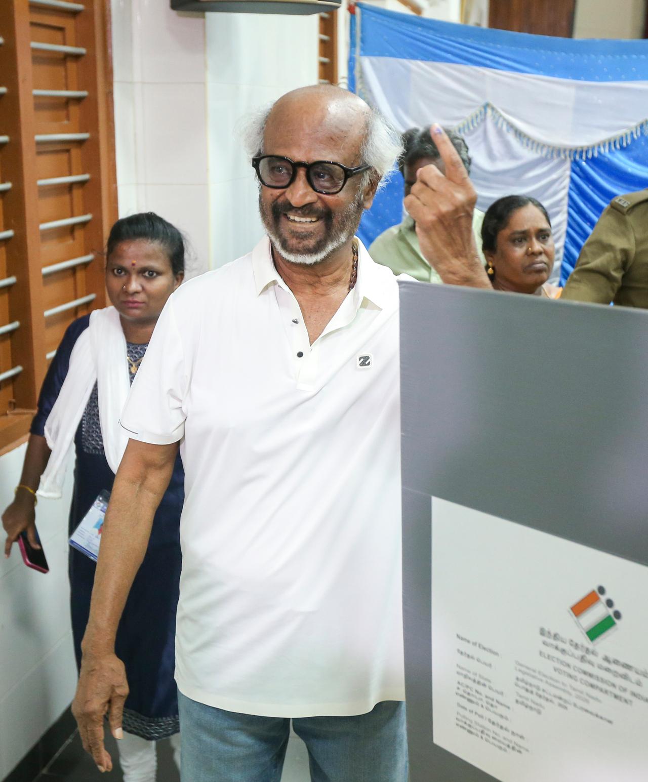 Megastar Rajinikanth arrived at polling booth number 237 at Stella Maris College in Chennai on Thursday to cast his vote as polling for the Tamil Nadu Assembly elections is underway.