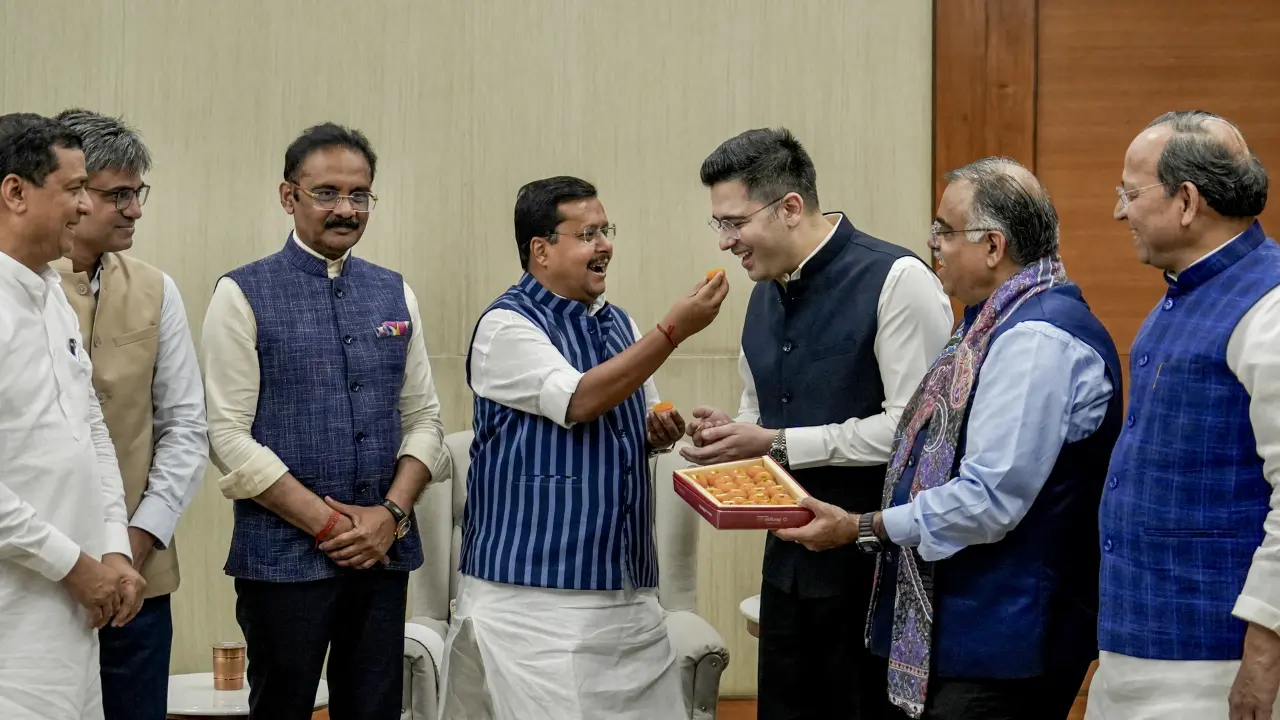 Raghav Chadha (third from right) and six other AAP MPs joined the BJP last week. PIC/PTI