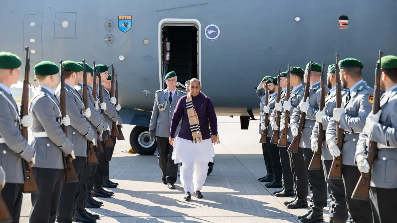 Defence Minister Rajnath Singh receives a Guard of Honour on his arrival, in Berlin, Germany.