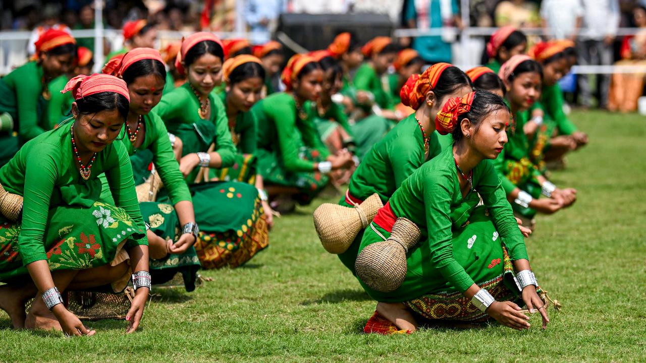 Artists perform the Sonowal Kachari dance during Rongali Bihu celebrations organised by the All Assam Students Union (AASU), as the celebrations for the week-long festival commenced on April 14