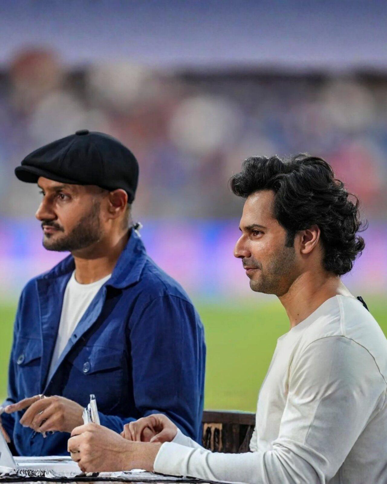 Varun Dhawan with former cricketer Harbhajan Singh at Wankhede stadium