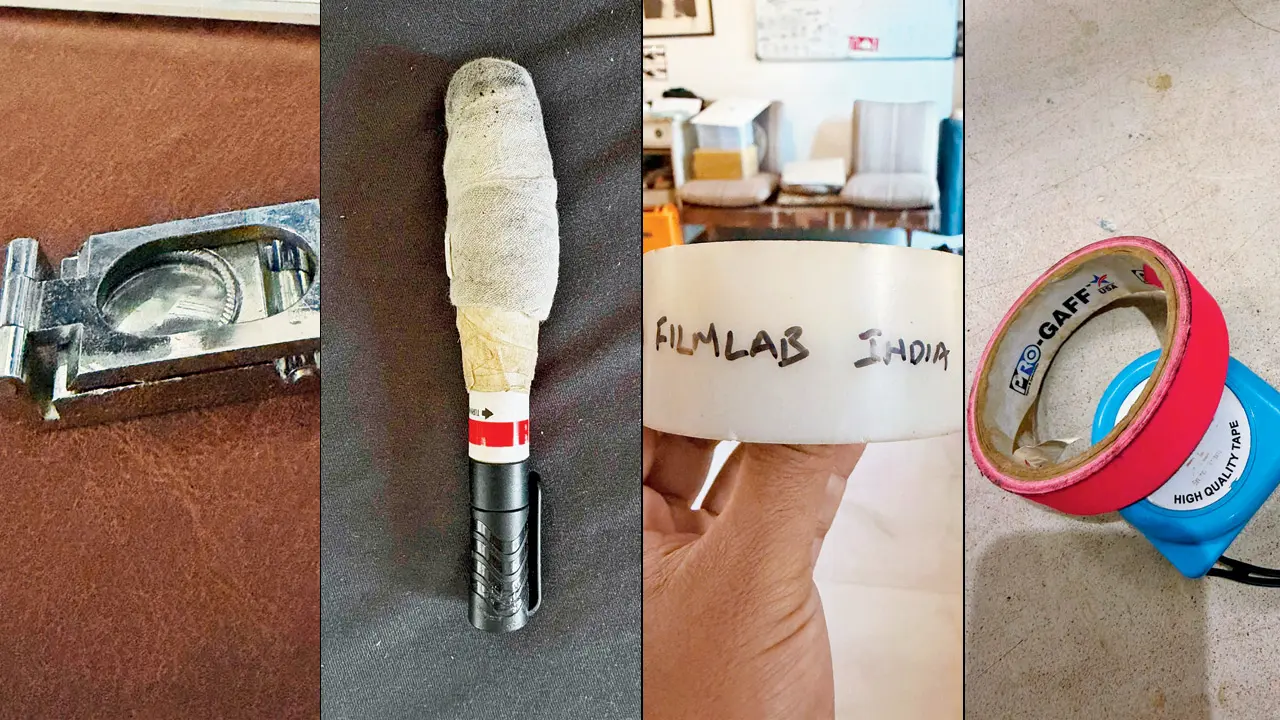 (From left) A loupe (magnification device) used by the lab head at Filmlab India (FI); a pen used to write on clapboards; the last bobbin from FI; a gaff tape from a gaffers kit. PICS COURTESY/HARKAT STUDIOS