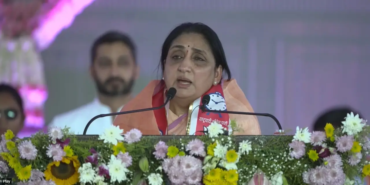 Maharashtra Deputy Chief Minister Sunetra Pawar addresses a rally ahead of the Baramati bypoll, on Tuesday. PIC/X