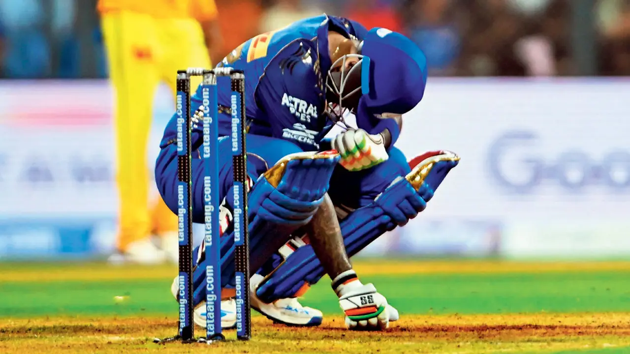 MI’s Suryakumar Yadav during their 103-run defeat to CSK at the Wankhede Stadium on Thursday. PIC/ATUL KAMBLE