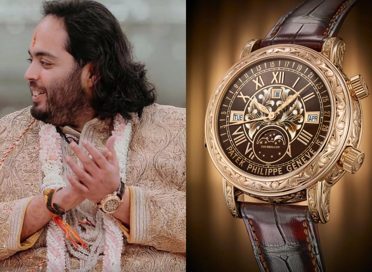 Patek Philippe Sky Moon Tourbillon 6002R-001
Anant was spotted wearing the rose gold, hand-engraved Patek Philippe Sky Moon Tourbillon 6002R-001, featuring 12 complications as well as two dials &ndash; one in brown Grand Feu Enamel and a reverse side displaying a celestial chart. It costs Rs 44 crore (5.3 million dollar).