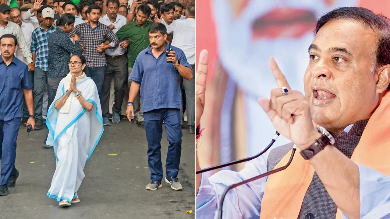 West Bengal saw a turnout of 93.19 per cent in the first phase of elections, its highest since Independence. Pic/PTI; (right)  Assam CM Himanta Sarma. PIC/PTI