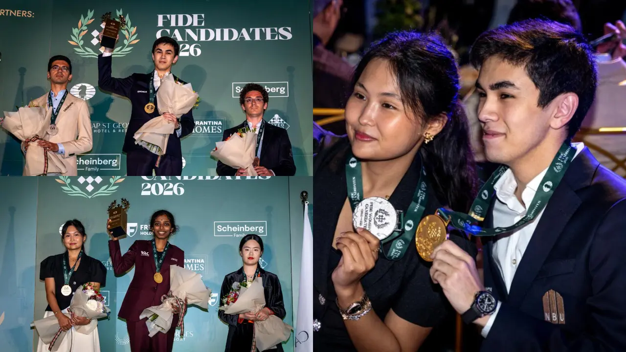 Javokhir Sindarov, R Vaishali during the award ceremony of FIDE Candidates and Women’s Candidates (Pic: X/@FIDE_chess)