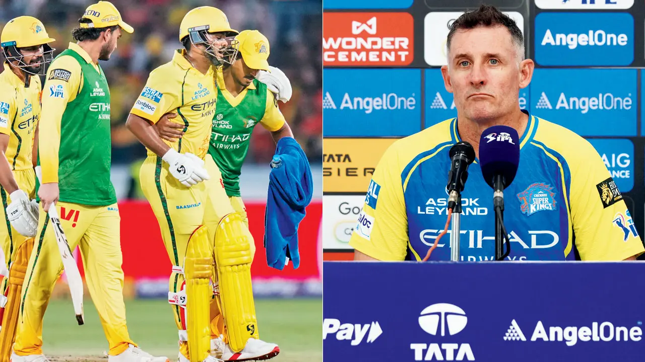 Ayush Mhatre is helped by a CSK teammate after suffering an injury vs SRH on Saturday. Pic/PTI; (right) Mike Hussey. Pic/IPL