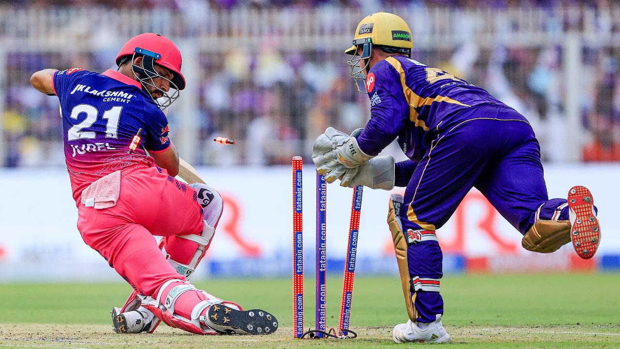 Wicketkeeper-batsman Dhruv Jurel departed after scoring five runs in seven balls. Skipper Riyan Parag was dismissed on 12 runs. During his 14-ball knock, he smashed a boundary (Pic: X/@KKRiders)