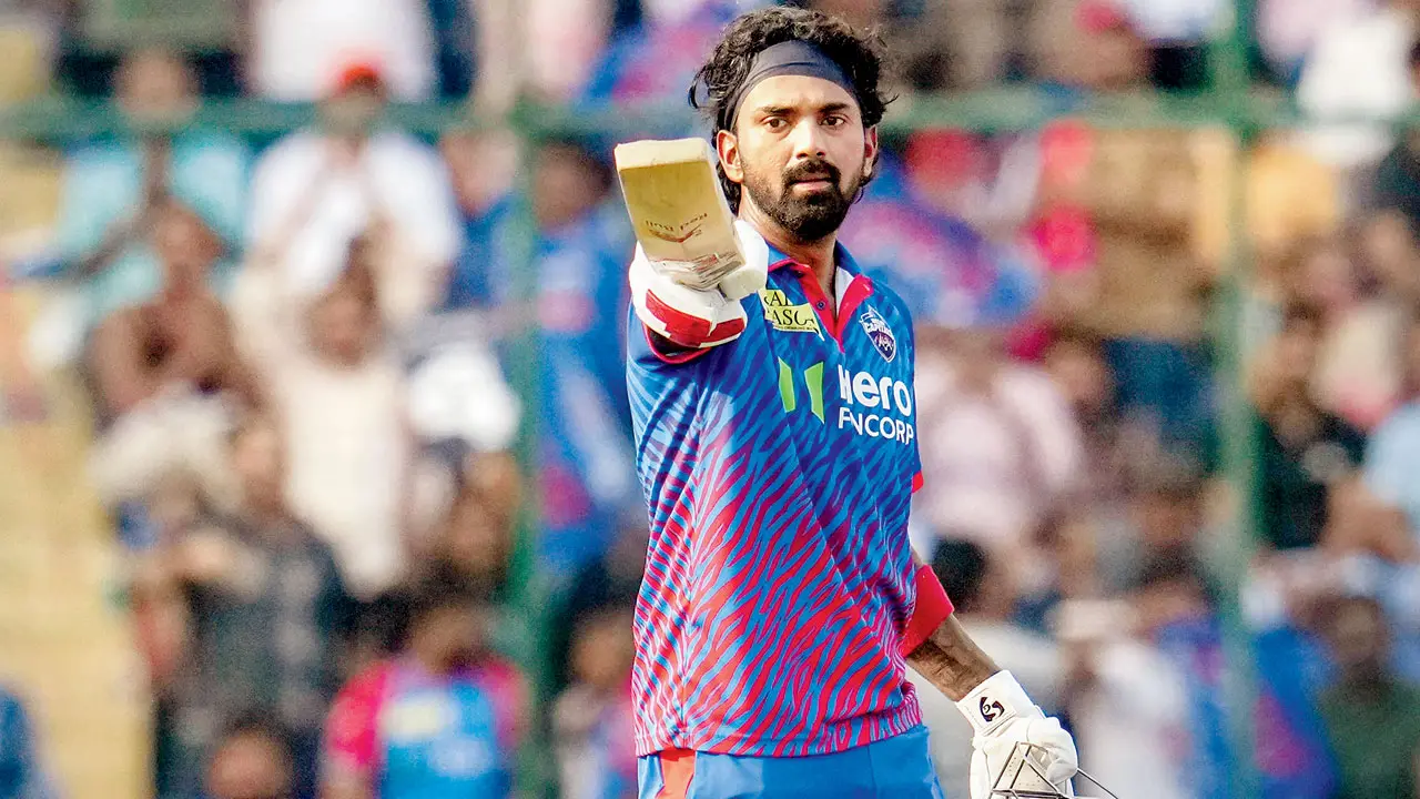 Delhi Capitals’s KL Rahul celebrates his century against Punjab Kings in New Delhi on Saturday. Pics/PTI, IPL