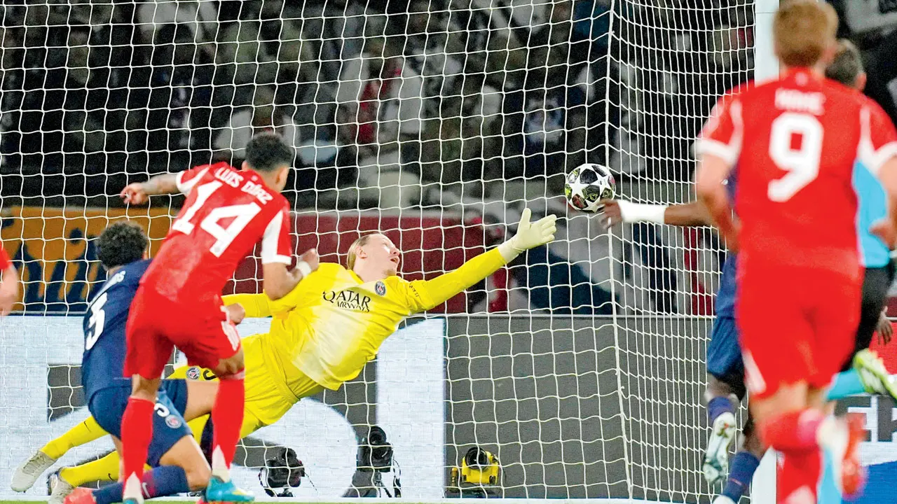 Bayern Munich’s Luis Diaz shoots to score his side’s fourth goal against Paris Saint-Germain in Paris on Tuesday, taking the final score to 5-4. Pics/AFP