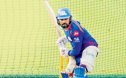 MI’s Rohit Sharma during a practice session ahead of their match against DC in New Delhi on Friday. Pic/PTI