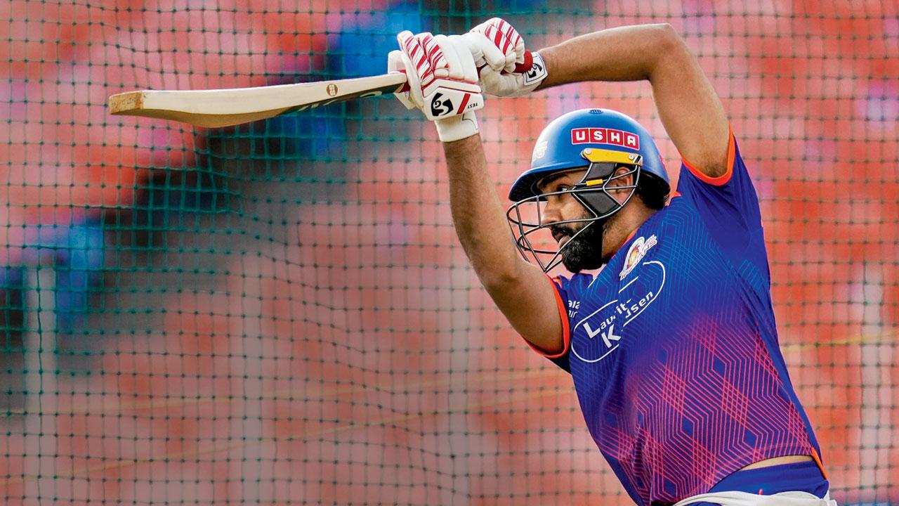 Rohit Sharma during MI’s training session in Ahmedabad on Sunday. Pic/PTI