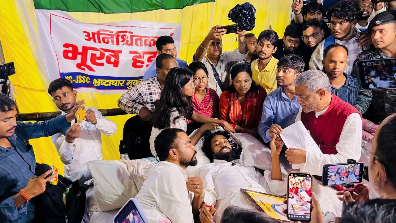 IN PHOTOS: Jharkhand exam protest intensifies as hunger strike enters Day 13 The protest against alleged examination irregularities in Jharkhand intensifies as the stir gained steam over the past 13 days with six demonstrators on hunger strike