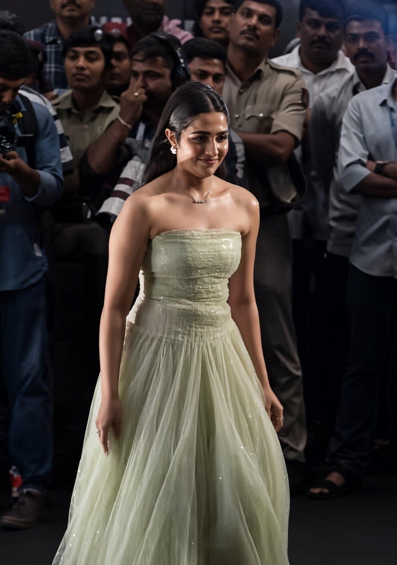 Rukmini Vasanth wore a strapless light green midi lace gown featuring a tulle flair down the waist. Rukmini Vasanth wore a strapless light green midi lace gown featuring a tulle flair down the waist. 