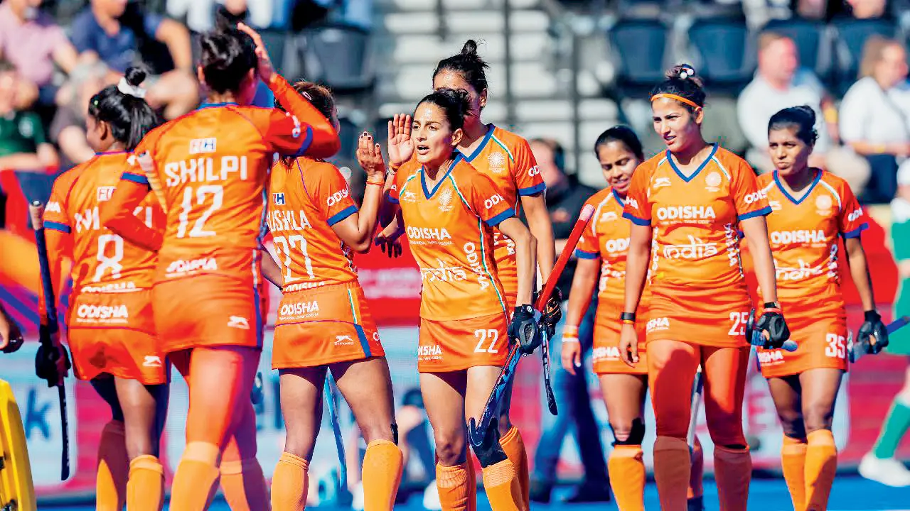 India players celebrate a goal during their 6-1 win over South Africa at the Women’s World Cup recently. PICS/HOCKEY INDIA
