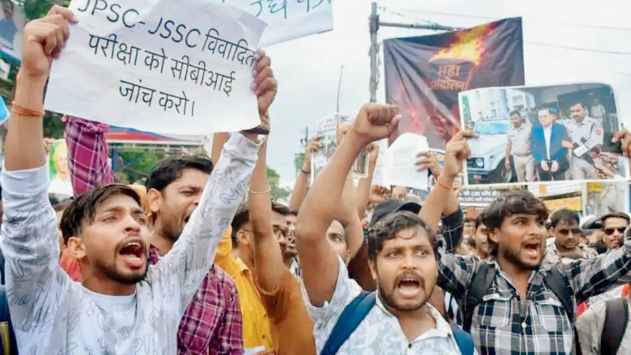 Jharkhand CID raids multiple locations over alleged JPSC exam irregularities Agitators stage protest against exam irregularities. PIC/X/Jkhand